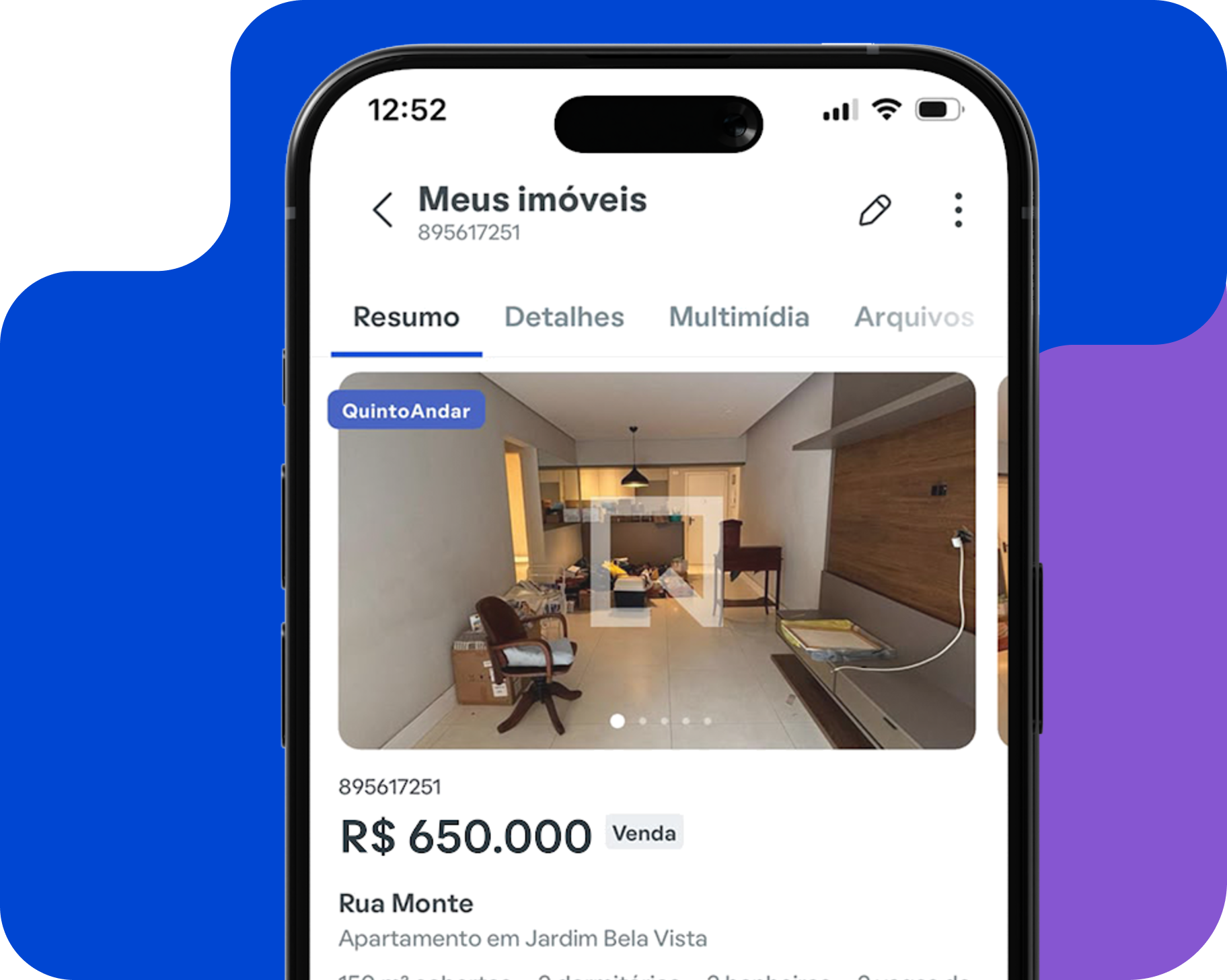 Aplicativo da Univen mostrando a ficha de um im�vel