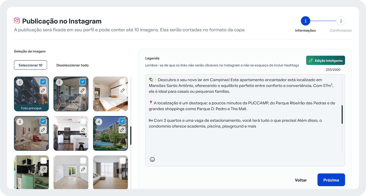 Tela de publica��o no Instagram direto do CRM Univen